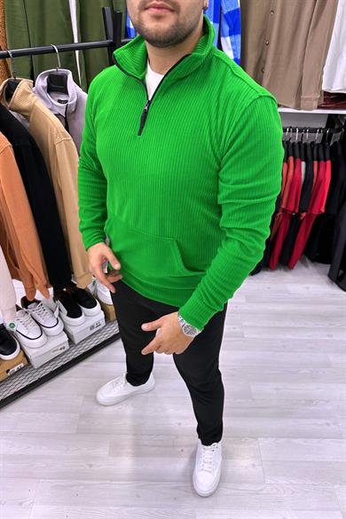 Nefti Yeşil Kadife Fitilli Kumaş Yarım Fermuar Kanguru Cep Sweat