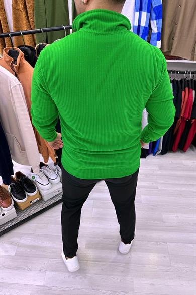 Nefti Yeşil Kadife Fitilli Kumaş Yarım Fermuar Kanguru Cep Sweat