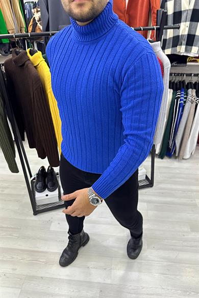 Saks Mavi Boğazlı Triko Kazak