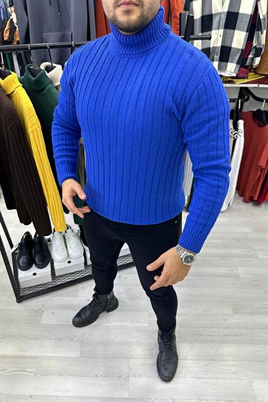 Saks Mavi Boğazlı Triko Kazak