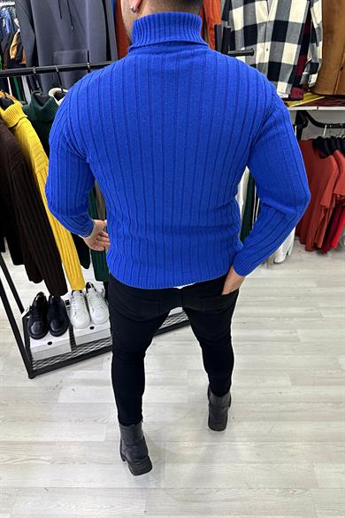 Saks Mavi Boğazlı Triko Kazak