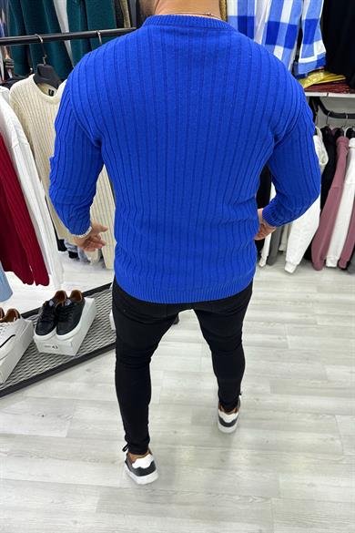 Saks Mavi Desenli Triko Kazak