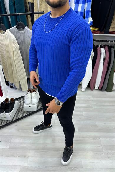 Saks Mavi Desenli Triko Kazak