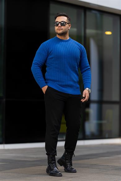 Saks Mavi Tüylenme Yapmayan Slim Fit Desenli Triko Kazak