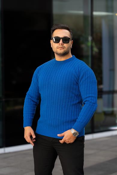 Saks Mavi Tüylenme Yapmayan Slim Fit Desenli Triko Kazak
