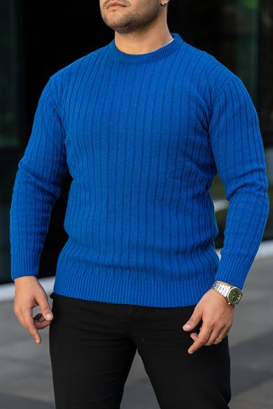 Saks Mavi Tüylenme Yapmayan Slim Fit Desenli Triko Kazak
