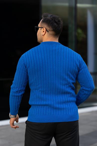 Saks Mavi Tüylenme Yapmayan Slim Fit Desenli Triko Kazak
