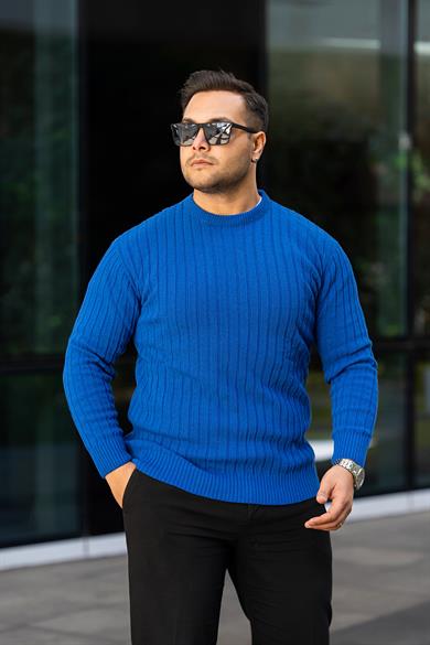 Saks Mavi Tüylenme Yapmayan Slim Fit Desenli Triko Kazak