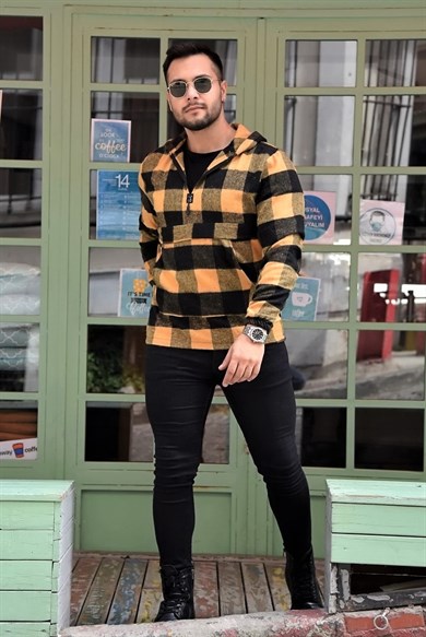 Sarı Oduncu Kumaş Ekose Kapüşonlu Kanguru Cep Sweat 