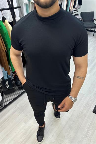 Siyah Balıkçı Yaka Likralı Triko Tshirt