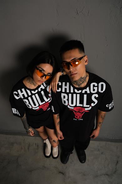 Siyah Chicago Bulls Baskılı Oversize Basic Tshirt