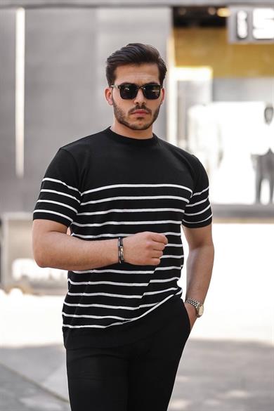 Siyah Çizgili Basic Örme Triko Tshirt