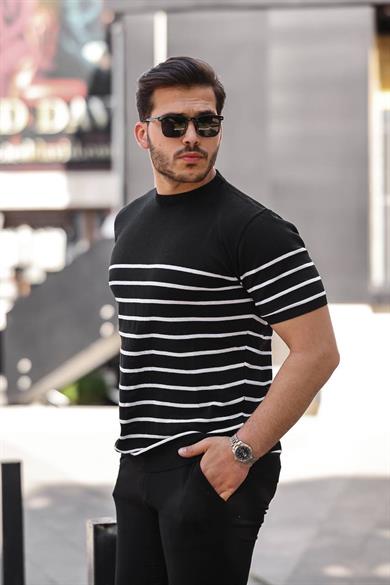 Siyah Çizgili Basic Örme Triko Tshirt