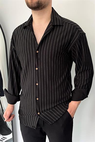 Siyah Çizgili Krep Kumaş Likralı Gömlek