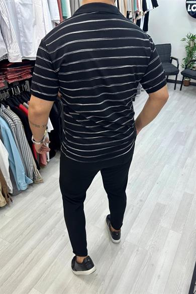 Siyah Çizgili Slim fit Polo Yaka Tshirt