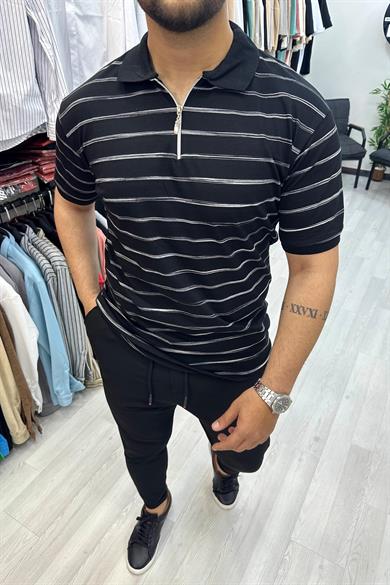 Siyah Çizgili Slim fit Polo Yaka Tshirt