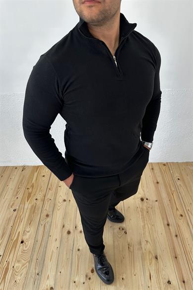 Siyah Fermuarlı Pamuk Triko Kazak