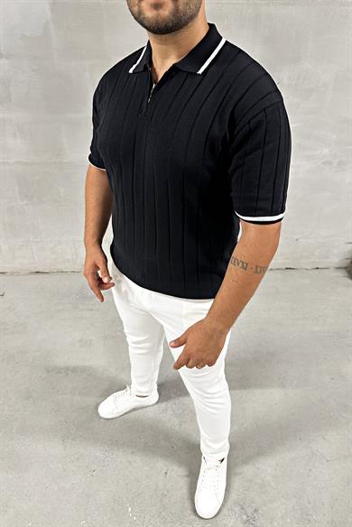 Siyah Fermuarlı Polo Yaka Örme Triko Tshirt
