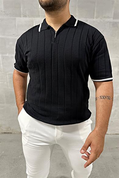 Siyah Fermuarlı Polo Yaka Örme Triko Tshirt