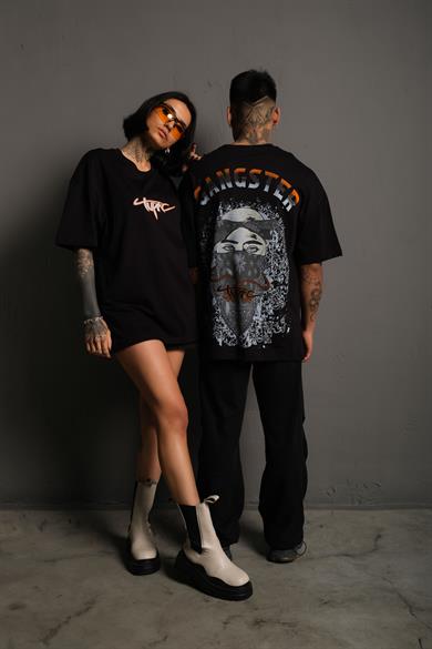 Siyah Gangster Paradise Baskılı Oversize Basic Tshirt