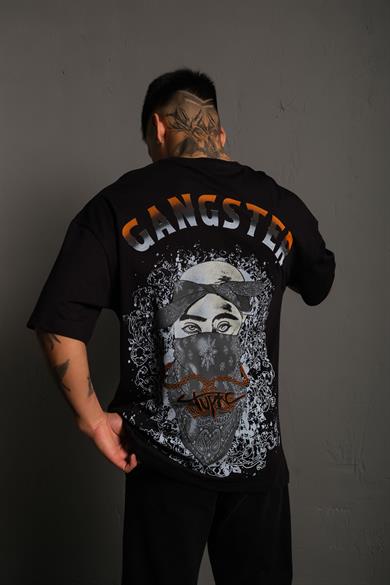 Siyah Gangster Paradise Baskılı Oversize Basic Tshirt