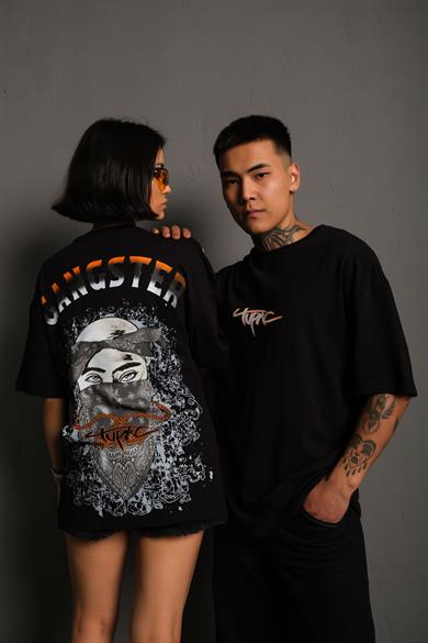Siyah Gangster Paradise Baskılı Oversize Basic Tshirt