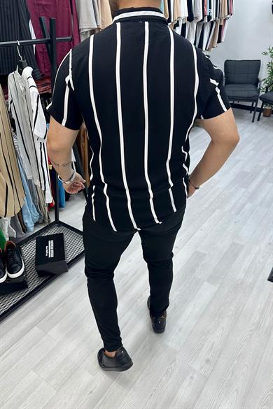 Siyah Geniş Çizgili Kısa Kol Gömlek