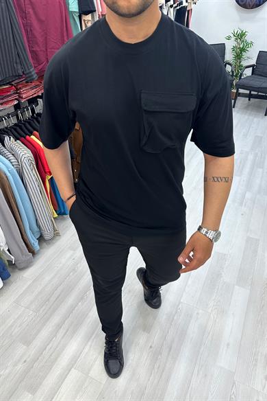 Siyah Göğüs Cep Oversize Tshirt