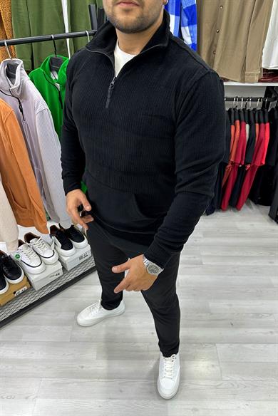 Siyah Kadife Fitilli Kumaş Yarım Fermuar Kanguru Cep Sweat