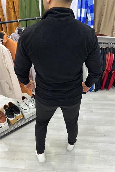 Siyah Kadife Fitilli Kumaş Yarım Fermuar Kanguru Cep Sweat