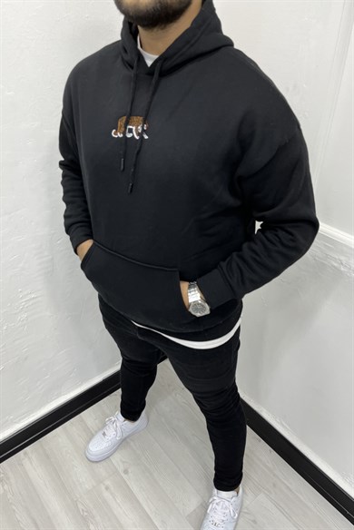 Siyah Kaplan Nakışlı Şardonlu Kapüşonlu Sweatshirt