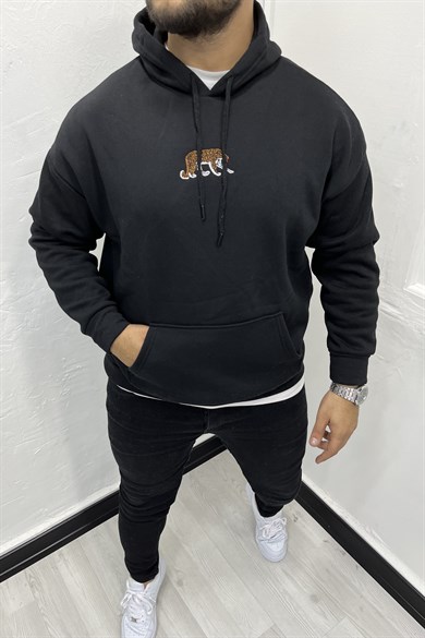 Siyah Kaplan Nakışlı Şardonlu Kapüşonlu Sweatshirt
