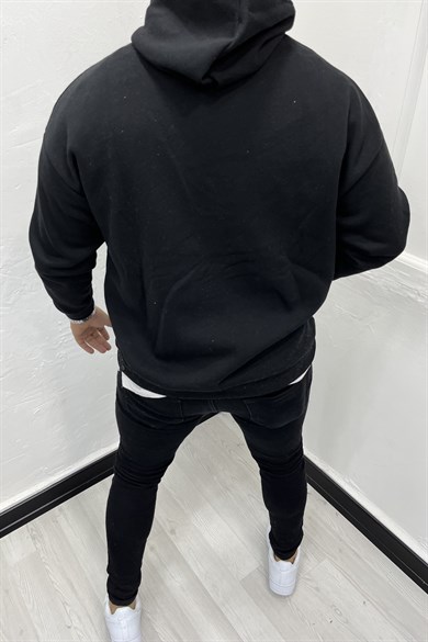 Siyah Kaplan Nakışlı Şardonlu Kapüşonlu Sweatshirt
