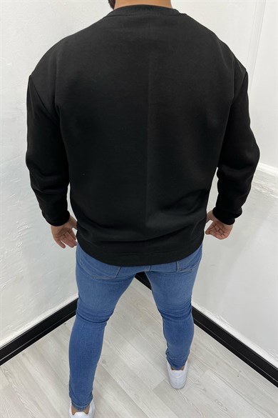 Siyah Kartal Baskılı İçi Polar Oversize Sweatshirt