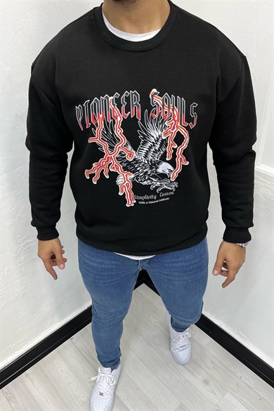 Siyah Kartal Baskılı İçi Polar Oversize Sweatshirt