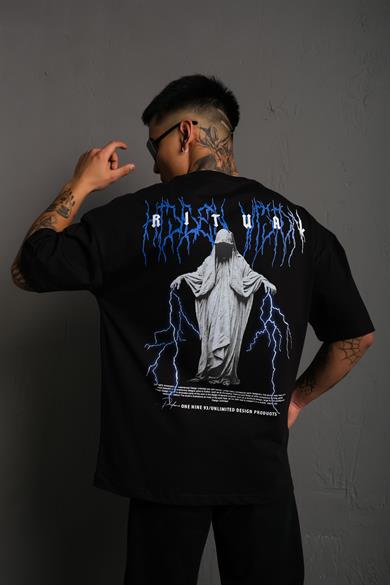 Siyah Ritual Mavi Yıldırım Baskılı Oversize Basic Tshirt
