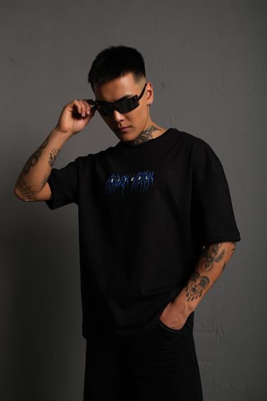 Siyah Ritual Mavi Yıldırım Baskılı Oversize Basic Tshirt