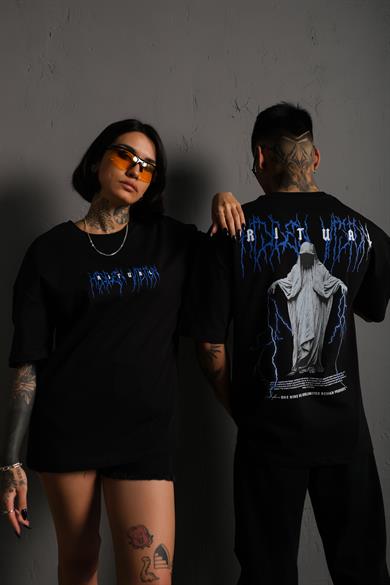 Siyah Ritual Mavi Yıldırım Baskılı Oversize Basic Tshirt