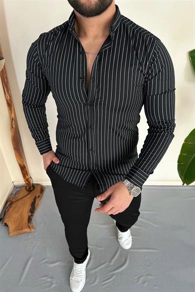 Siyah Slim Fit Çizgili Gömlek