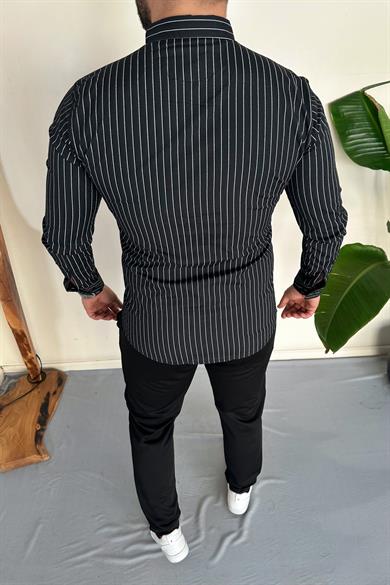 Siyah Slim Fit Çizgili Gömlek