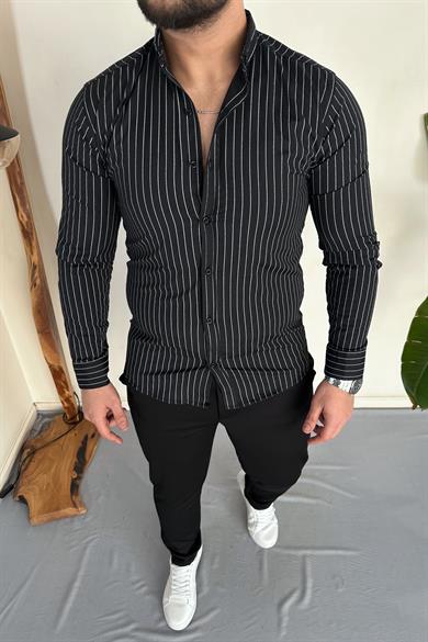 Siyah Slim Fit Çizgili Gömlek