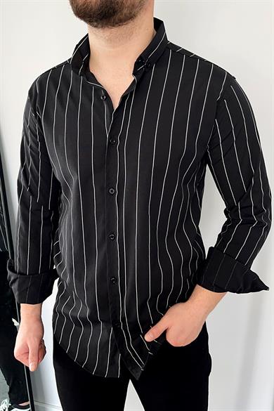 Siyah Slim Fit Çizgili Poplin Gömlek
