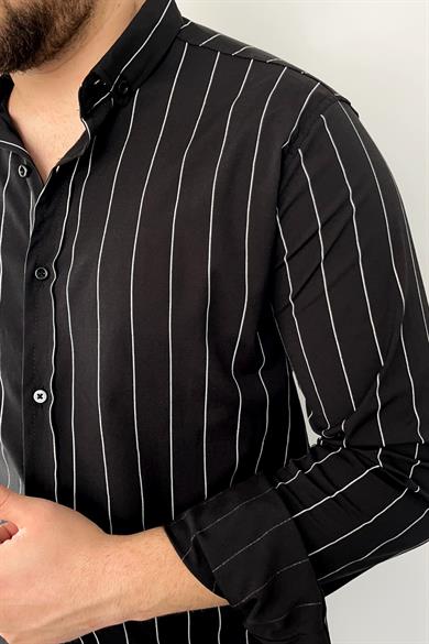 Siyah Slim Fit Çizgili Poplin Gömlek