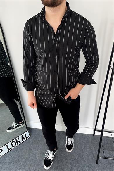 Siyah Slim Fit Çizgili Poplin Gömlek