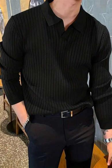 Siyah Slim Fit Erkek Polo Yaka Fitilli Triko Kazak