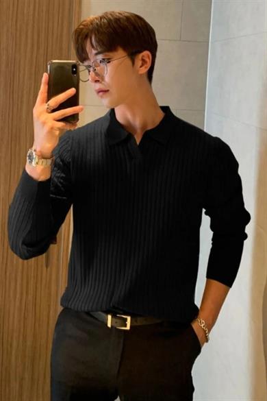 Siyah Slim Fit Erkek Polo Yaka Fitilli Triko Kazak