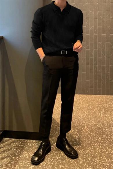 Siyah Slim Fit Erkek Polo Yaka Fitilli Triko Kazak