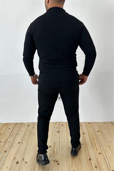 Siyah Slim Fit Polo Yaka Triko Kazak