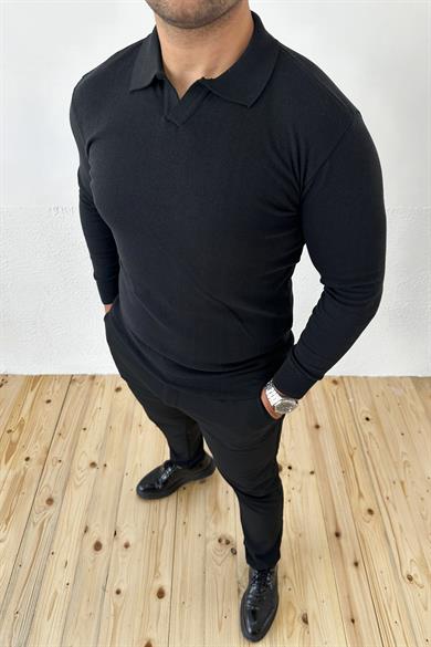 Siyah Slim Fit Polo Yaka Triko Kazak