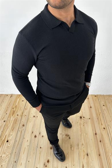 Siyah Slim Fit Polo Yaka Triko Kazak